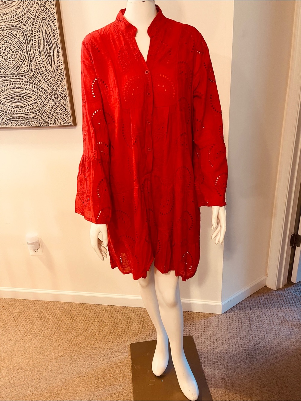 Women's Red Eyelet Button-Front Mini Dress